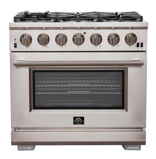 Forno 5-Piece Pro Appliance Package - 36-Inch Gas Range, Refrigerator, Wall Mount Hood, 24-Inch Microwave Oven, & 3-Rack Dishwasher in Stainless Steel - APR5-6260-36-H-MWO