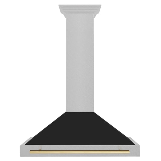 ZLINE KITCHEN AND BATH KB4SNZBLM48G ZLINE Autograph Edition 48 in. Convertible Satin in Stainless Steel Wall Mount Range Hood with Black Matte Shell and Polished Gold Handle (KB4SNZ-BLM48-G) - KB4SNZBLM48G