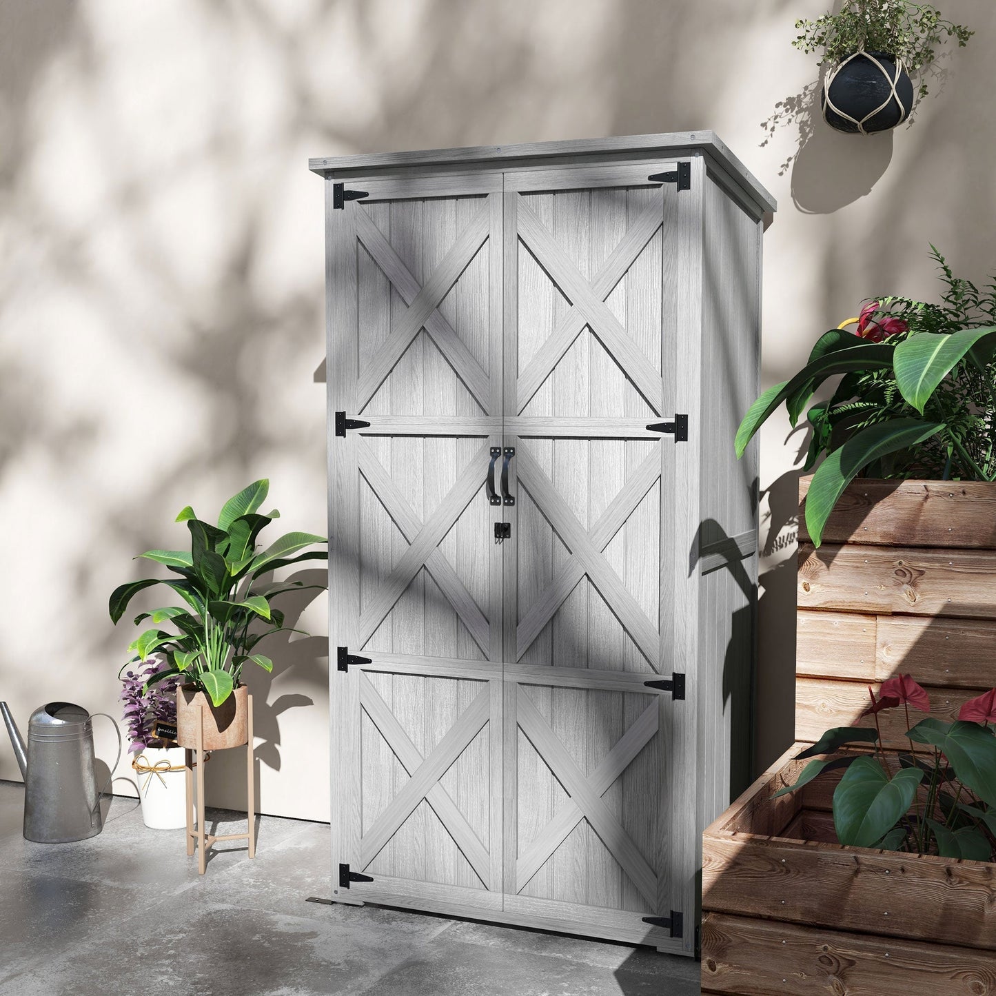 Outsunny Vertical Wood Storage Cabinet with Waterproof Asphalt Roof & Lockable Doors, Gray - 84H-078V00GY