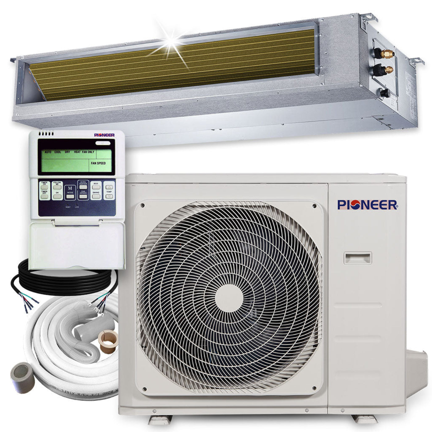 Pioneer 36,000 BTU 15.8 SEER2 Ceiling Concealed Ducted Mini-Split Inverter+ Air Conditioner Heat Pump System Full Set 230V - RYB036GMFILDBD-10