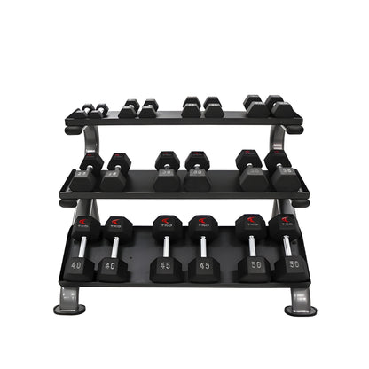 TKO Rubber Hex Dumbbell Set with 3-Tier Horizontal Rack - S890-SXRE15
