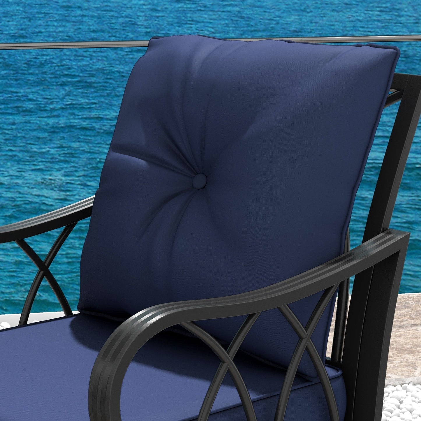 Outsunny 2 Pc Patio Wicker Rocking Chairs with Removable Cushions, Outdoor Rattan Rockers, Blue - 867-048V01DB
