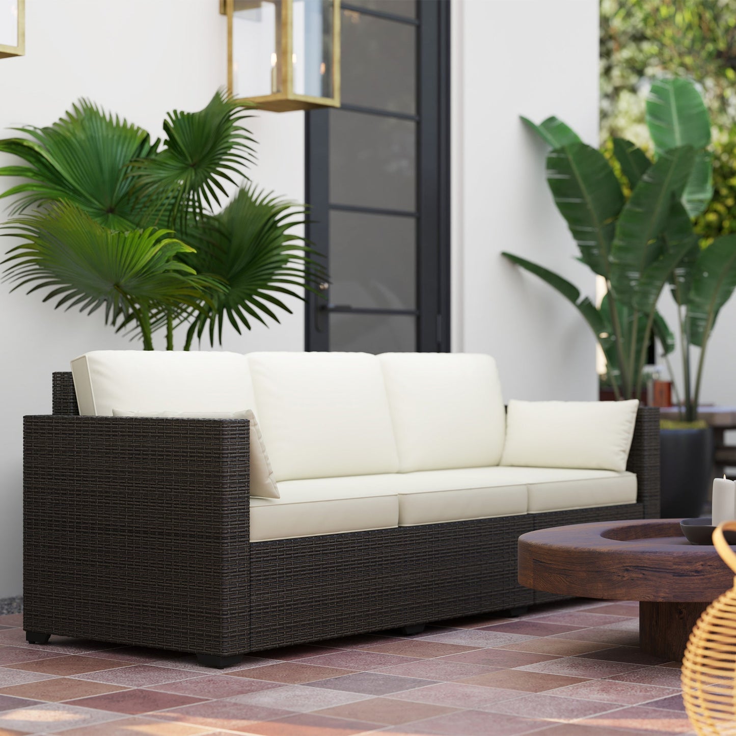 Outsunny 3-Seater PE Wicker Deep Seating Outdoor Sofa with Removable Cushions Cream White - 860-308V00CW
